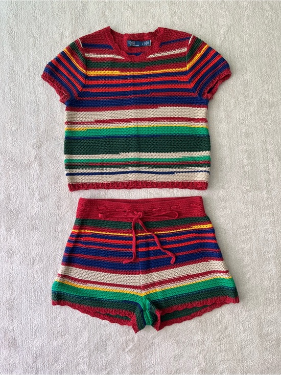 Polo Ralph Lauren Pants - Polo by Ralph Lauren Linen Cotton Multi-Stripe Crochet Sweater & Shorts Set